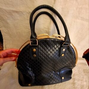 Black Vegan Leather Handbag with Gold Trim